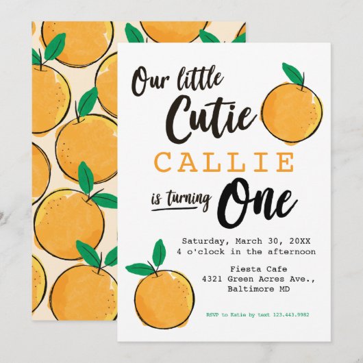 Little Cutie Oranje First Birthday Invitation Kaart (Voorkant / Achterkant)