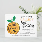 Little Cutie Oranje First Birthday Invitation Kaart (Staand voorkant)