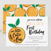 Little Cutie Oranje First Birthday Invitation Kaart (Voorkant / Achterkant)