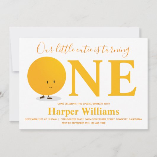 Little Cutie Oranje First Birthday Invitation Kaart (Voorkant)
