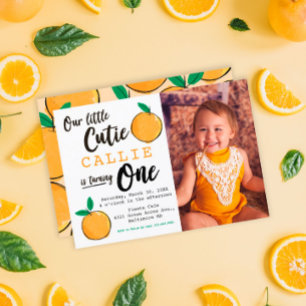 Little Cutie Oranje Foto First Birthday Kaart