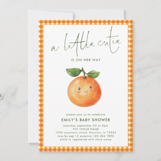 Little Cutie Oranje Gingham Girl Baby shower Kaart (Voorkant)
