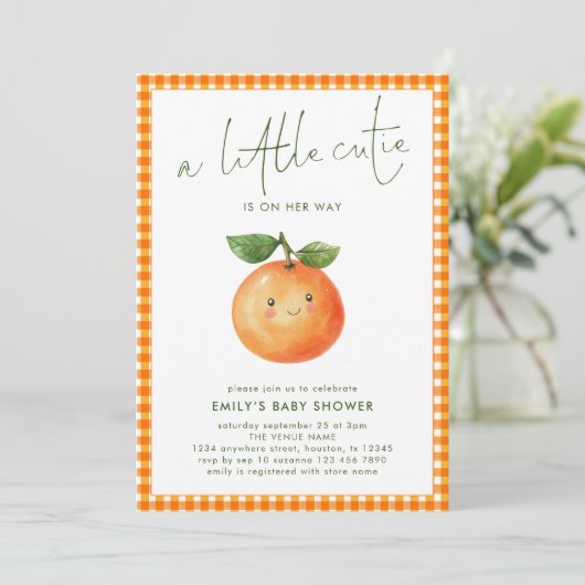 Little Cutie Oranje Gingham Girl Baby shower Kaart (Staand voorkant)