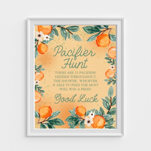 Little Cutie Oranje Pacifier Hunt Baby shower Game Poster