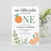 Little Cutie Oranje Theme First Birthday Kaart (Staand voorkant)