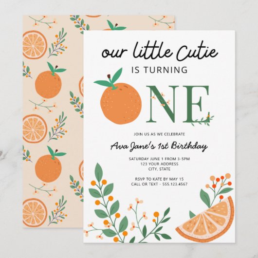 Little Cutie Oranje Theme First Birthday Kaart (Voorkant / Achterkant)