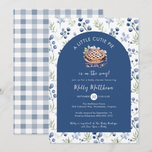 Little Cutie Pie Blueberry Gingham Baby shower Kaart (Voorkant / Achterkant)