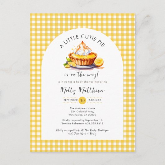 Little Cutie Pie Citrus Gingham Baby shower Briefkaart (Voorkant)