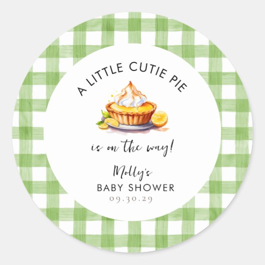 Little Cutie Pie Gingham Baby shower Ronde Sticker (Voorkant)