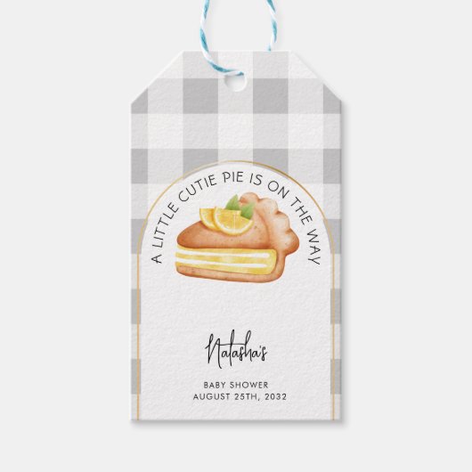 Little Cutie Pie Grey Gingham Plaid Baby shower Cadeaulabel (Voorkant)