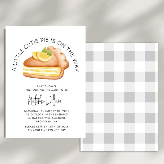 Little Cutie Pie Grey Gingham Plaid Baby shower Kaart