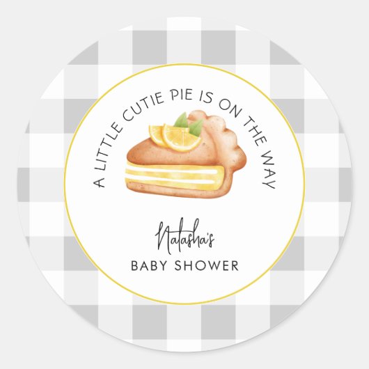 Little Cutie Pie Grey Gingham Plaid Baby shower Ronde Sticker (Voorkant)