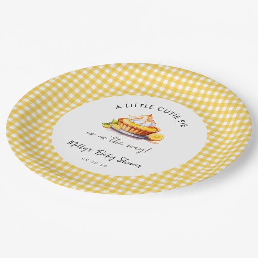 Little Cutie Pie Lemon Gingham Baby shower Papieren Bordje (Gekanteld)