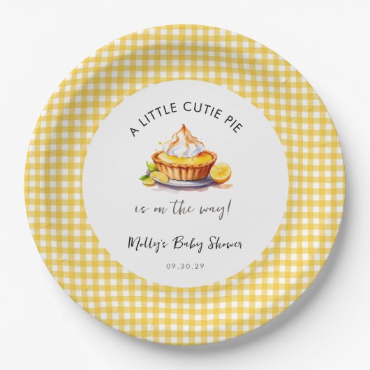Little Cutie Pie Lemon Gingham Baby shower Papieren Bordje (Voorkant)