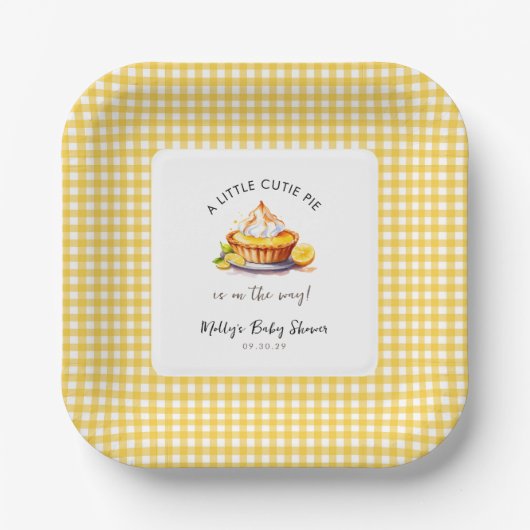Little Cutie Pie Lemon Gingham Baby shower Papieren Bordje (Voorkant)