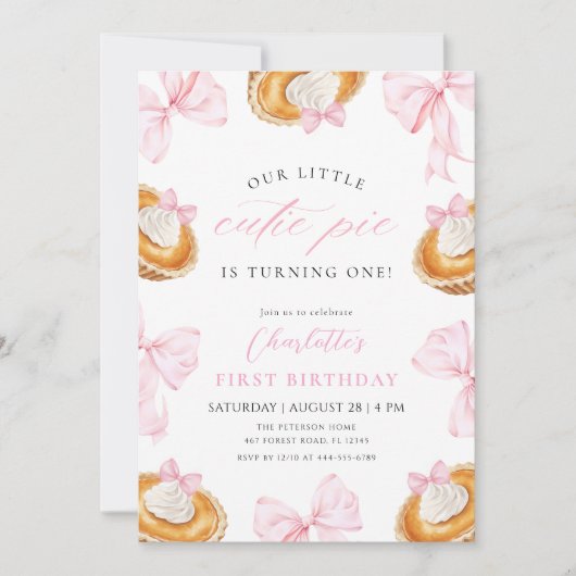 Little Cutie Pie Pink Bow Eerste Verjaardag Kaart (Voorkant)