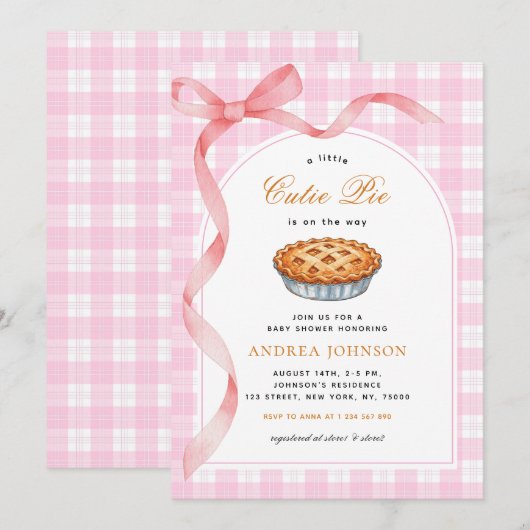 Little Cutie Pie Pink Gingham Bow Girl Baby shower Kaart (Voorkant / Achterkant)