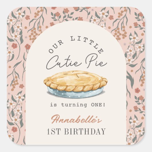 Little Cutie Pie Roze Bloemen Meisje 1e verjaardag Vierkante Sticker (Voorkant)