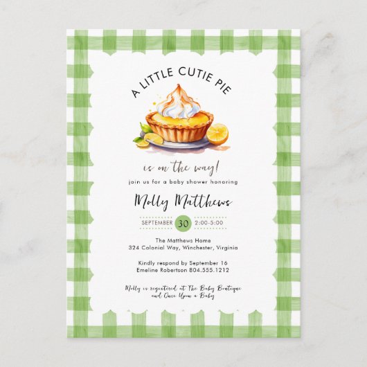 Little Cutie Pie Waterverf Gingham Baby shower Briefkaart (Voorkant)