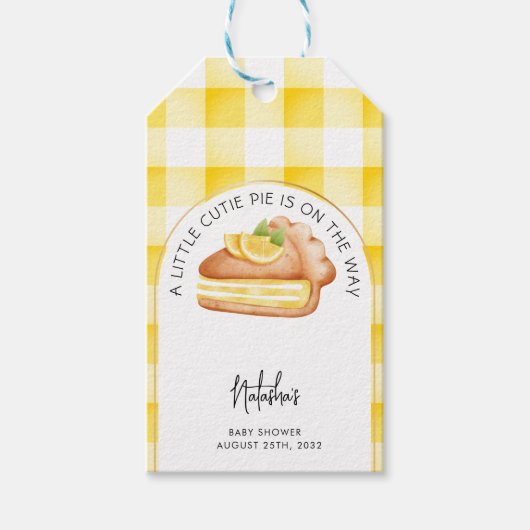 Little Cutie Pie Yellow Gingham geruite Baby showe Cadeaulabel (Voorkant)