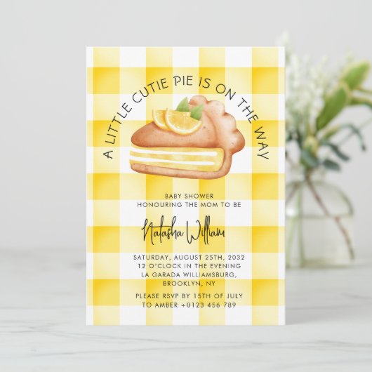 Little Cutie Pie Yellow Gingham geruite Baby showe Kaart (Staand voorkant)