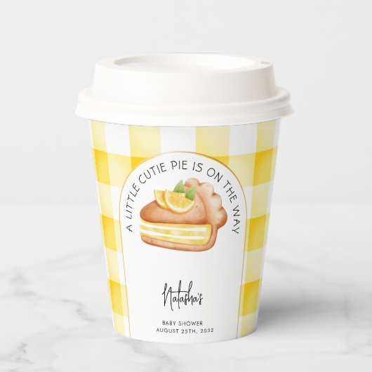 Little Cutie Pie Yellow Gingham geruite Baby showe Papieren Bekers (Voorkant)