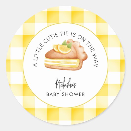 Little Cutie Pie Yellow Gingham geruite Baby showe Ronde Sticker (Voorkant)