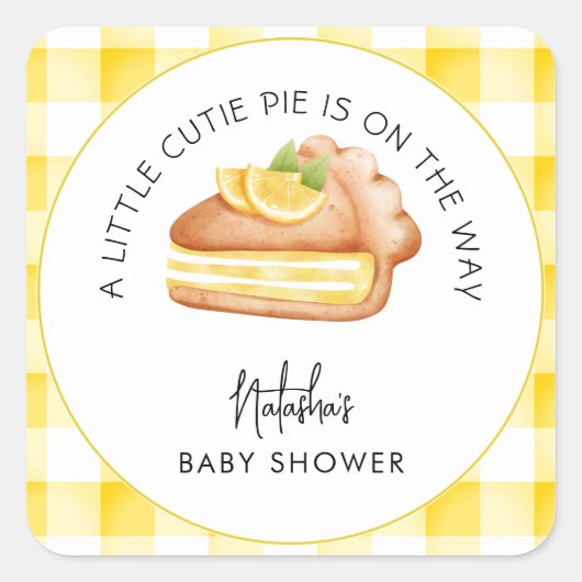 Little Cutie Pie Yellow Gingham geruite Baby showe Vierkante Sticker (Voorkant)