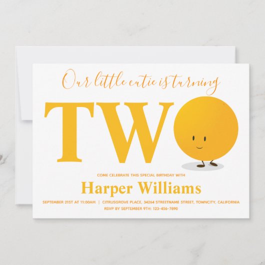 Little Cutie Sinaasappel 2e verjaardag Uitnodiging (Voorkant)