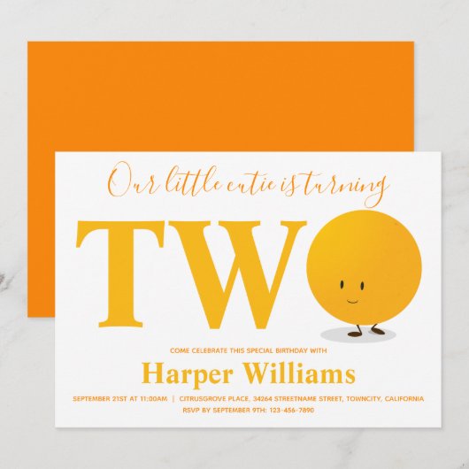 Little Cutie Sinaasappel 2e verjaardag Uitnodiging (Voorkant / Achterkant)