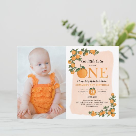 Little Cutie Sinaasappel Citrus 1st Verjaardag Fot Kaart (Staand voorkant)