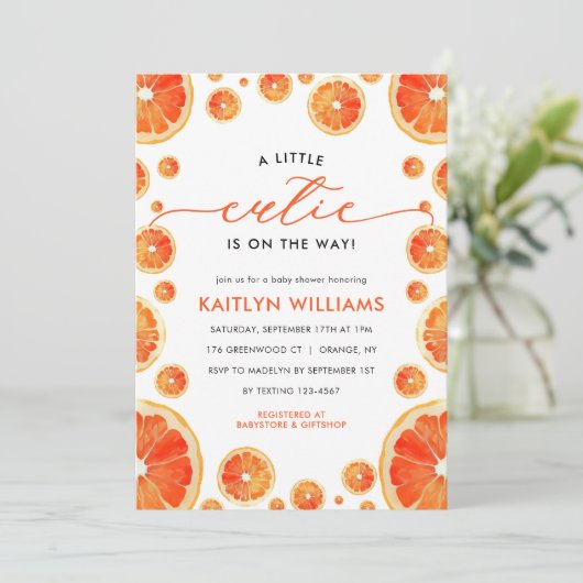Little Cutie Sinaasappel Citrus Modern Baby shower Kaart (Staand voorkant)