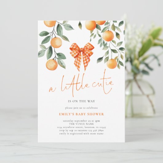 Little Cutie Sinaasappel Coquette Bow Girl Baby sh Kaart (Staand voorkant)
