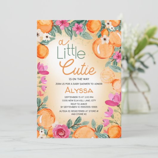 Little Cutie Sinaasappel Roze Bloemen Baby shower Kaart (Staand voorkant)