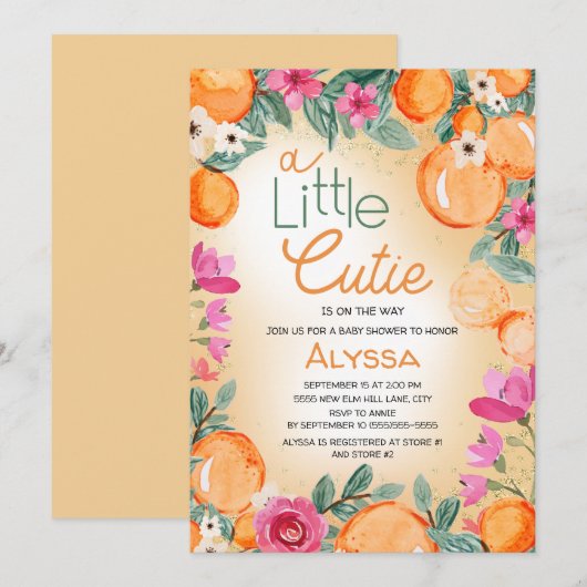 Little Cutie Sinaasappel Roze Bloemen Baby shower Kaart (Voorkant / Achterkant)