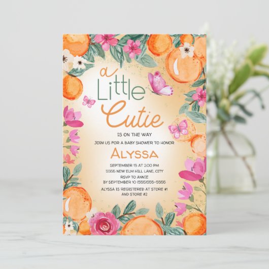 Little Cutie Sinaasappel Roze Bloemen Vlinders Kaart (Staand voorkant)