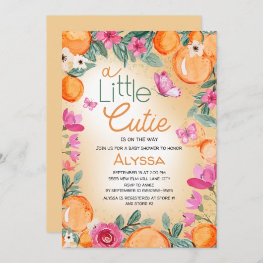 Little Cutie Sinaasappel Roze Bloemen Vlinders Kaart (Voorkant / Achterkant)