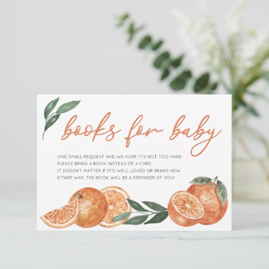Little Cutie Sinaasappels boeken voor Baby shower Informatiekaartje (Staand voorkant)