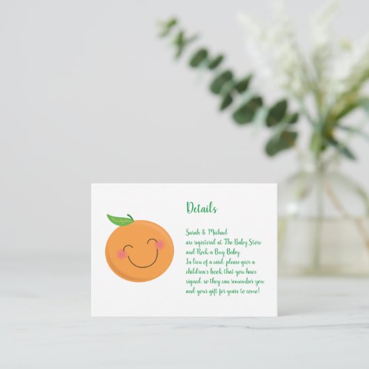 Little Cutie Tangerine Baby shower Genderneutraal Informatiekaartje (Staand voorkant)