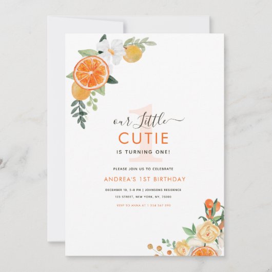 Little Cutie Waterverf Citrus Floral 1e Verjaardag Kaart (Voorkant)