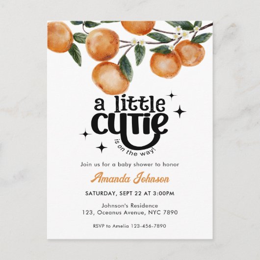 Little Cutie Waterverf Citrus Oranje Baby shower Briefkaart (Voorkant)