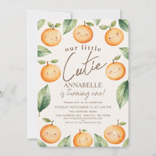 Little Cutie Waterverf Sinaasappel 1e Verjaardag Kaart (Voorkant)