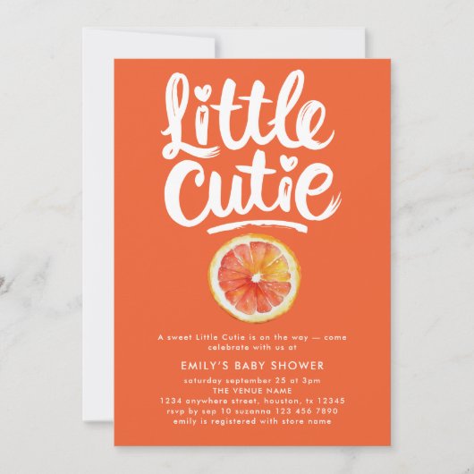 Little Cutie Witte Tekst Sinaasappel Baby shower Kaart (Voorkant)