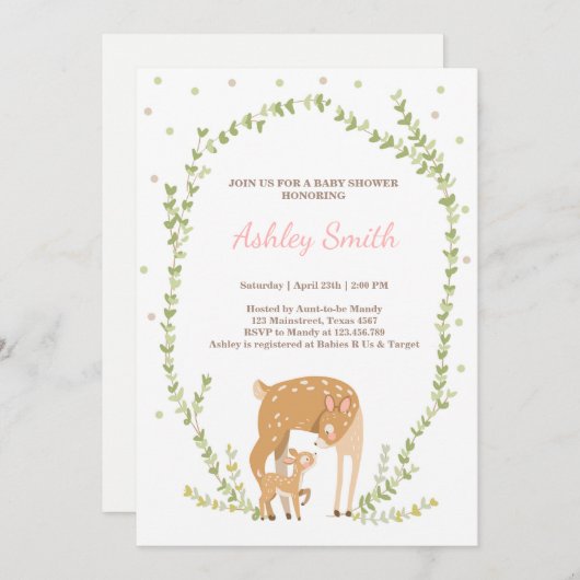 Little Deer baby shower uitnodiging Woodland Fores (Voorkant / Achterkant)