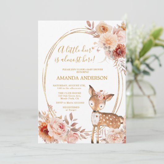 Little Deer Beige Floral Baby shower uitnodiging (Staand voorkant)