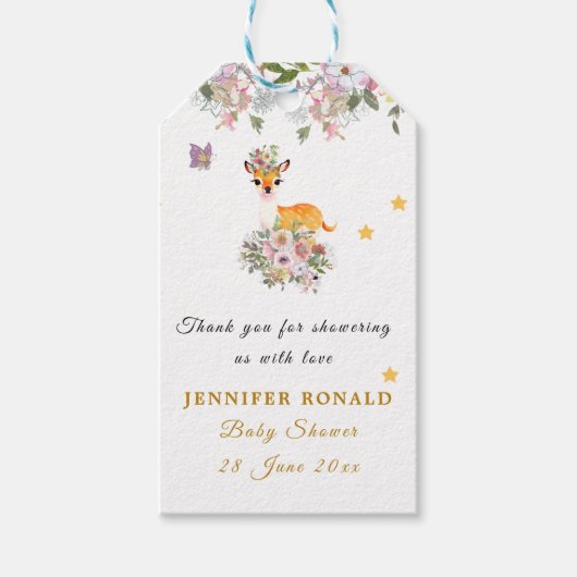 Little Deer, Big Joy Roze bloem Baby shower thema Cadeaulabel (Voorkant)