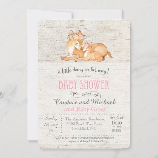 Little Deer Birch Meisje Baby shower Uitnodiging (Voorkant)