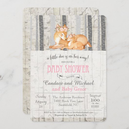 Little Deer Birch Meisje Baby shower Uitnodiging (Voorkant / Achterkant)