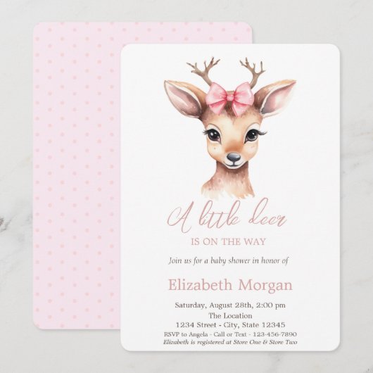 Little Deer Bow Polka Dots Waterverf Baby shower Kaart (Voorkant / Achterkant)