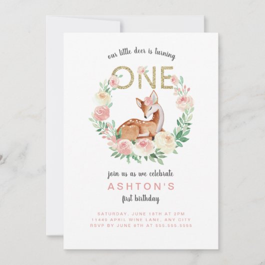 Little Deer eerste verjaardagsfeest uitnodiging (Voorkant)